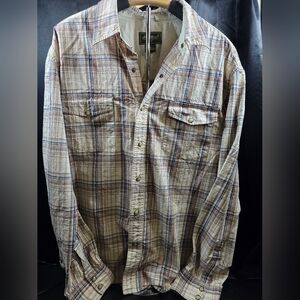 Eddie Bauer Men’s Beige‎ & Blue Plaid Button Snap 100% Cotton Shirt Size XL